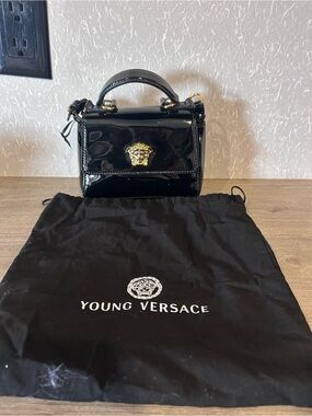Young Versace Black Patent Mini Top-Handle Bag with Gold Medusa